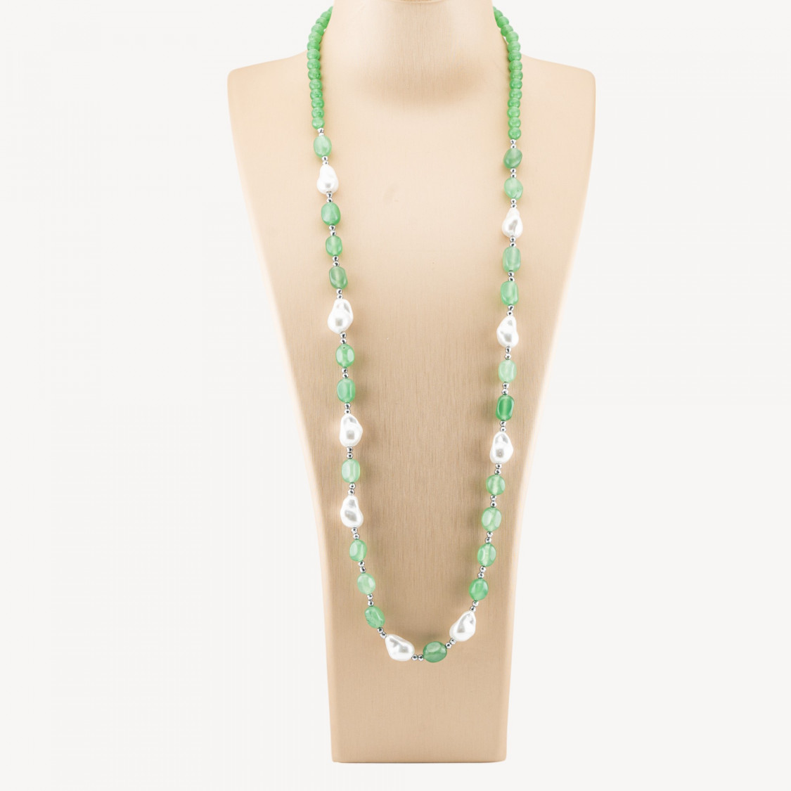 Collana Bijoux con Pietre Dure e Perle di Maiorca Barocche 80cm+5cm con Ematite Argentato e Giada Avventurina Verde-COLLANE DESIGN CON PIETRE NATURALI E PERLE | Worldofjewel.com