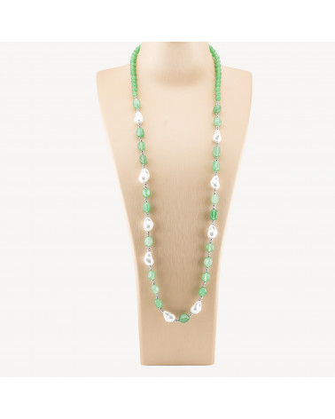 Collana Bijoux con Pietre Dure e Perle di Maiorca Barocche 80cm+5cm con Ematite Argentato e Giada Avventurina Verde-COLLANE DESIGN CON PIETRE NATURALI E PERLE | Worldofjewel.com