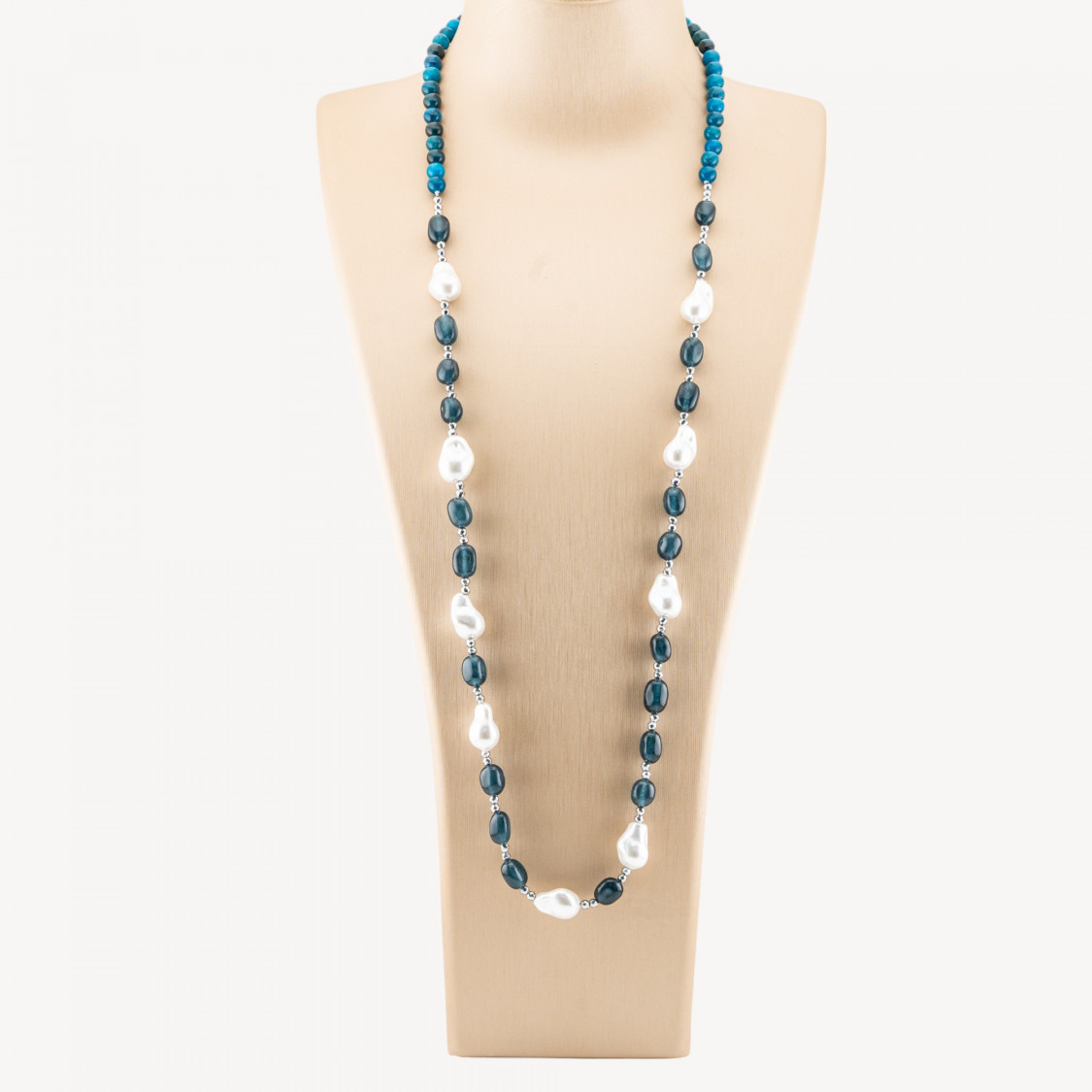Collana Bijoux con Pietre Dure e Perle di Maiorca Barocche 80cm+5cm con Ematite Argentato e Giada Blu Petrolio-COLLANE DESIGN CON PIETRE NATURALI E PERLE | Worldofjewel.com