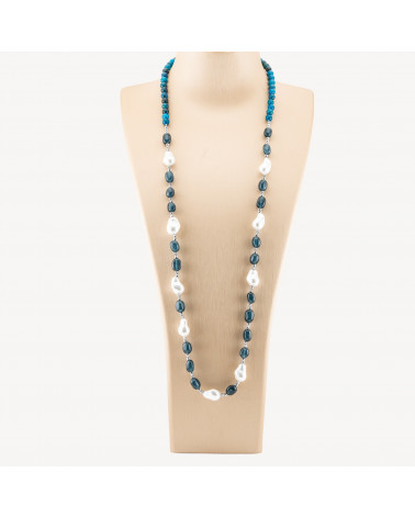 Collana Bijoux con Pietre Dure e Perle di Maiorca Barocche 80cm+5cm con Ematite Argentato e Giada Blu Petrolio-COLLANE DESIGN CON PIETRE NATURALI E PERLE | Worldofjewel.com