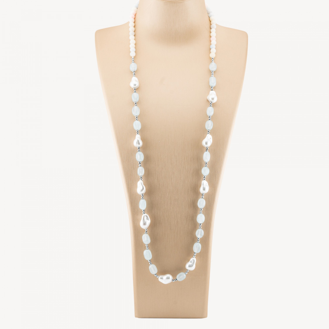 Collar de Joyas con Piedras Semipreciosas y Perlas Barrocas de Mallorca 80cm+5cm con Hematites Plateados y Jade Azul Cielo-COLLARES DE DISEÑADOR CON PIEDRAS NATURALES Y PERLAS | Worldofjewel.com