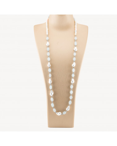 Collana Bijoux con Pietre Dure e Perle di Maiorca Barocche 80cm+5cm con Ematite Argentato e Giada Celeste-COLLANE DESIGN CON PIETRE NATURALI E PERLE | Worldofjewel.com