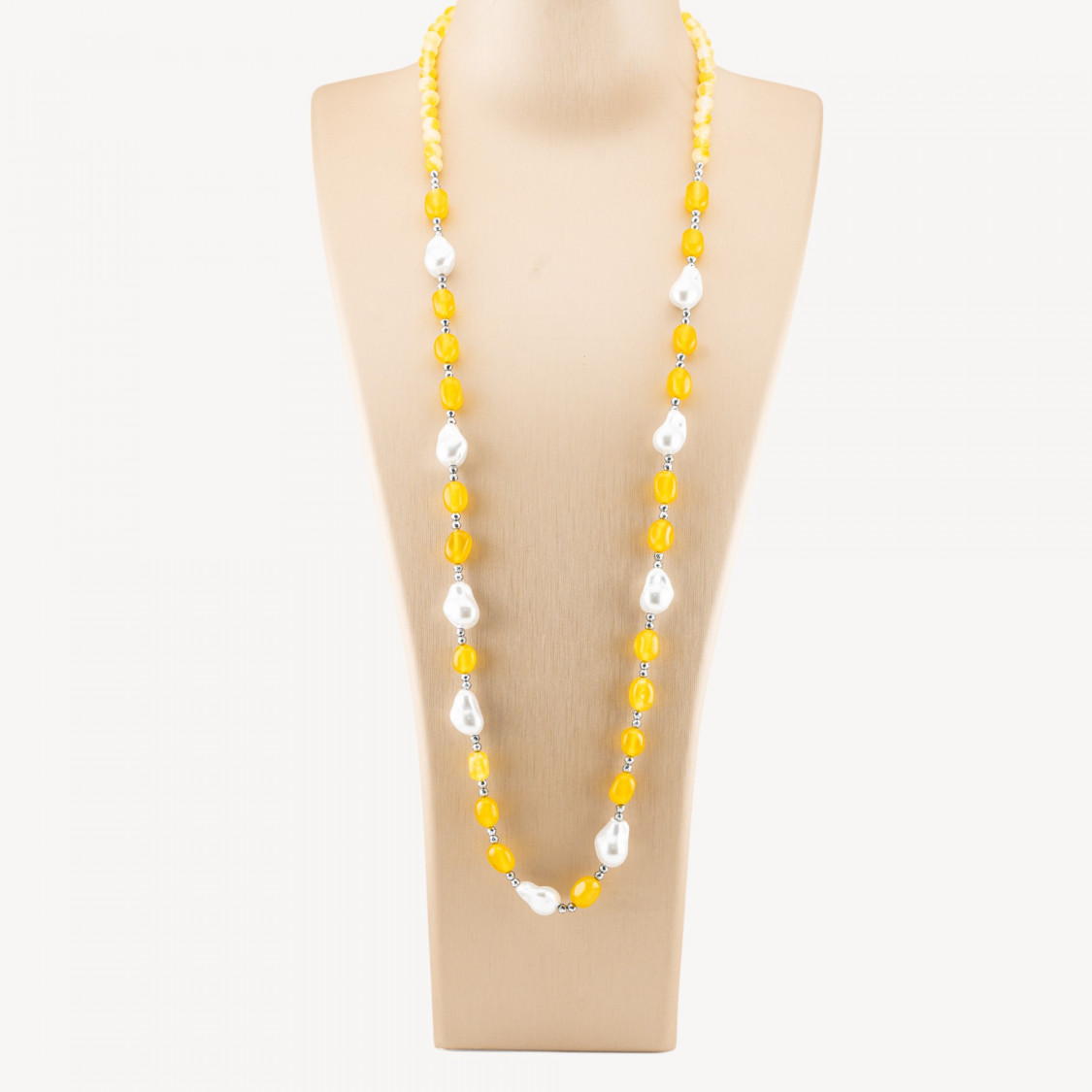 Collana Bijoux con Pietre Dure e Perle di Maiorca Barocche 80cm+5cm con Ematite Argentato e Giada Gialla-COLLANE DESIGN CON PIETRE NATURALI E PERLE | Worldofjewel.com