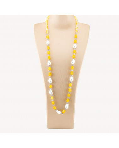 Collana Bijoux con Pietre Dure e Perle di Maiorca Barocche 80cm+5cm con Ematite Argentato e Giada Gialla-COLLANE DESIGN CON PIETRE NATURALI E PERLE | Worldofjewel.com