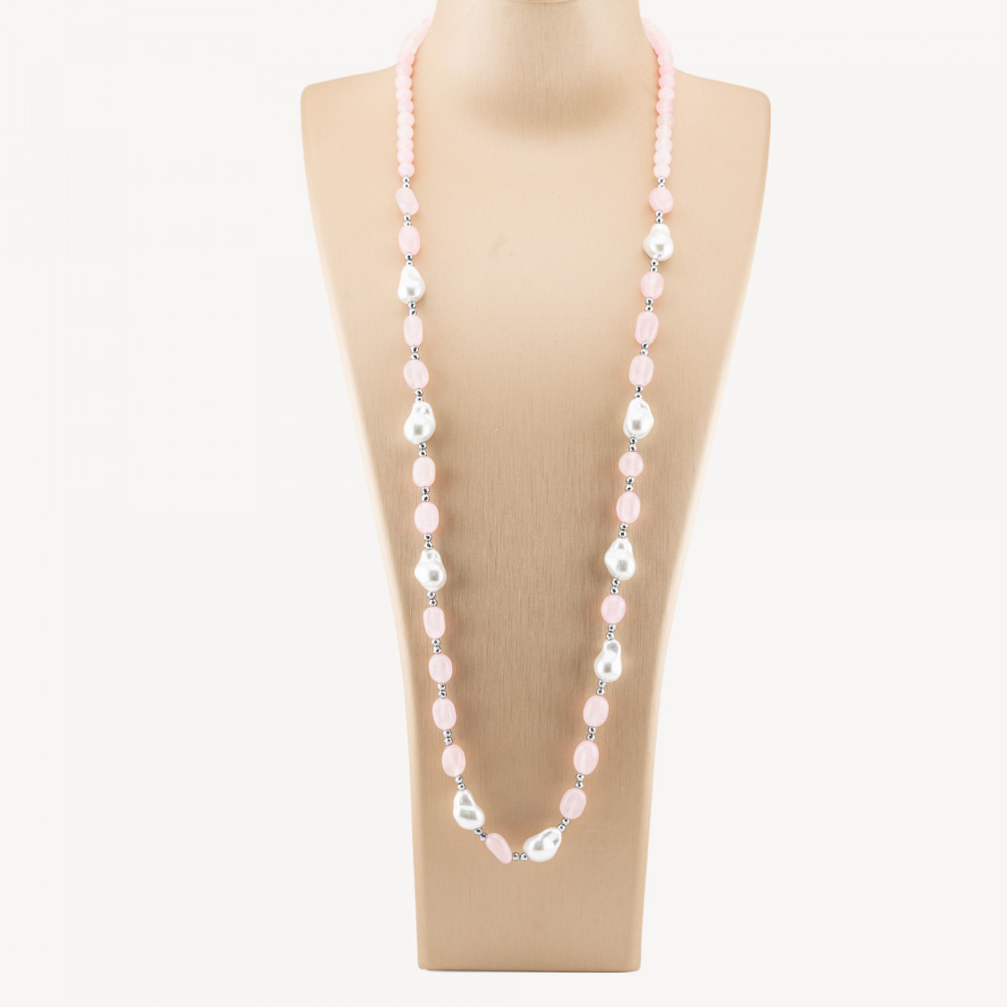 Collana Bijoux con Pietre Dure e Perle di Maiorca Barocche 80cm+5cm con Ematite Argentato e Giada Rosa-COLLANE DESIGN CON PIETRE NATURALI E PERLE | Worldofjewel.com