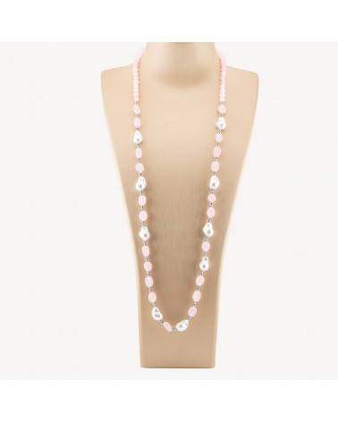 Collana Bijoux con Pietre Dure e Perle di Maiorca Barocche 80cm+5cm con Ematite Argentato e Giada Rosa-COLLANE DESIGN CON PIETRE NATURALI E PERLE | Worldofjewel.com