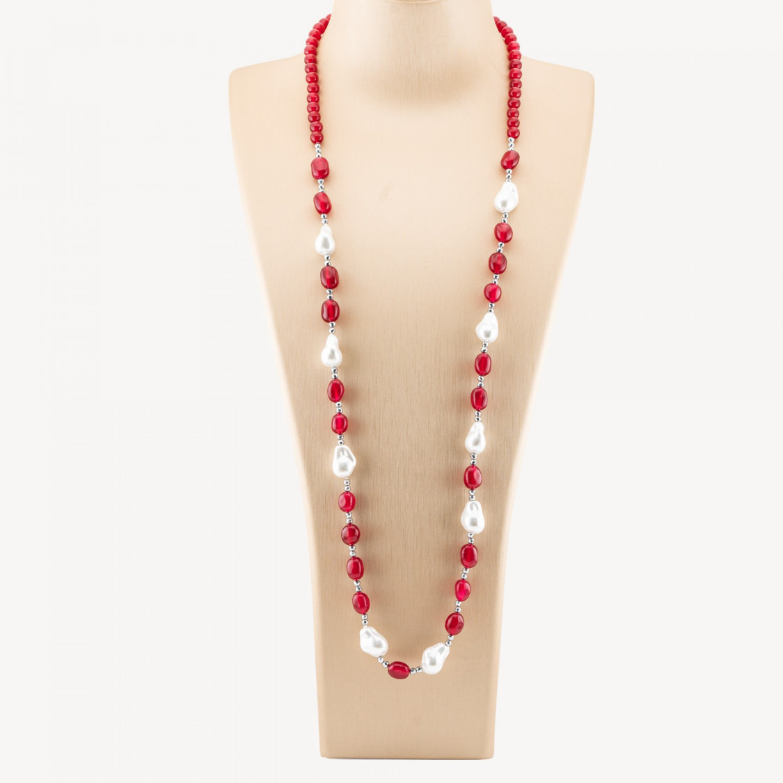 Schmuckkette mit Halbedelsteinen und barocken mallorquinischen Perlen, 80 cm + 5 cm, mit silbernem Hämatit und roter Jade-DESIGNER-KETTEN MIT NATURSTEINEN UND PERLEN | Worldofjewel.com