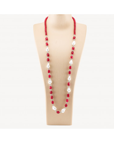 Collana Bijoux con Pietre Dure e Perle di Maiorca Barocche 80cm+5cm con Ematite Argentato e Giada Rossa-COLLANE DESIGN CON PIETRE NATURALI E PERLE | Worldofjewel.com