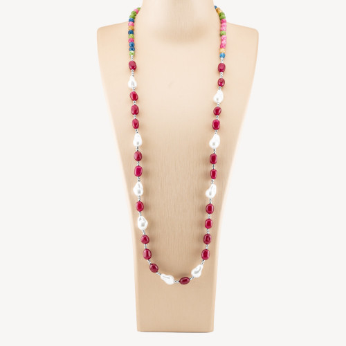 Κολιέ Bijoux με ημιπολύτιμες πέτρες και μπαρόκ μαργαριτάρια Μαγιόρκας 80cm+5cm με ασημένιο αιματίτη και έντονο κόκκινο νεφρίτη