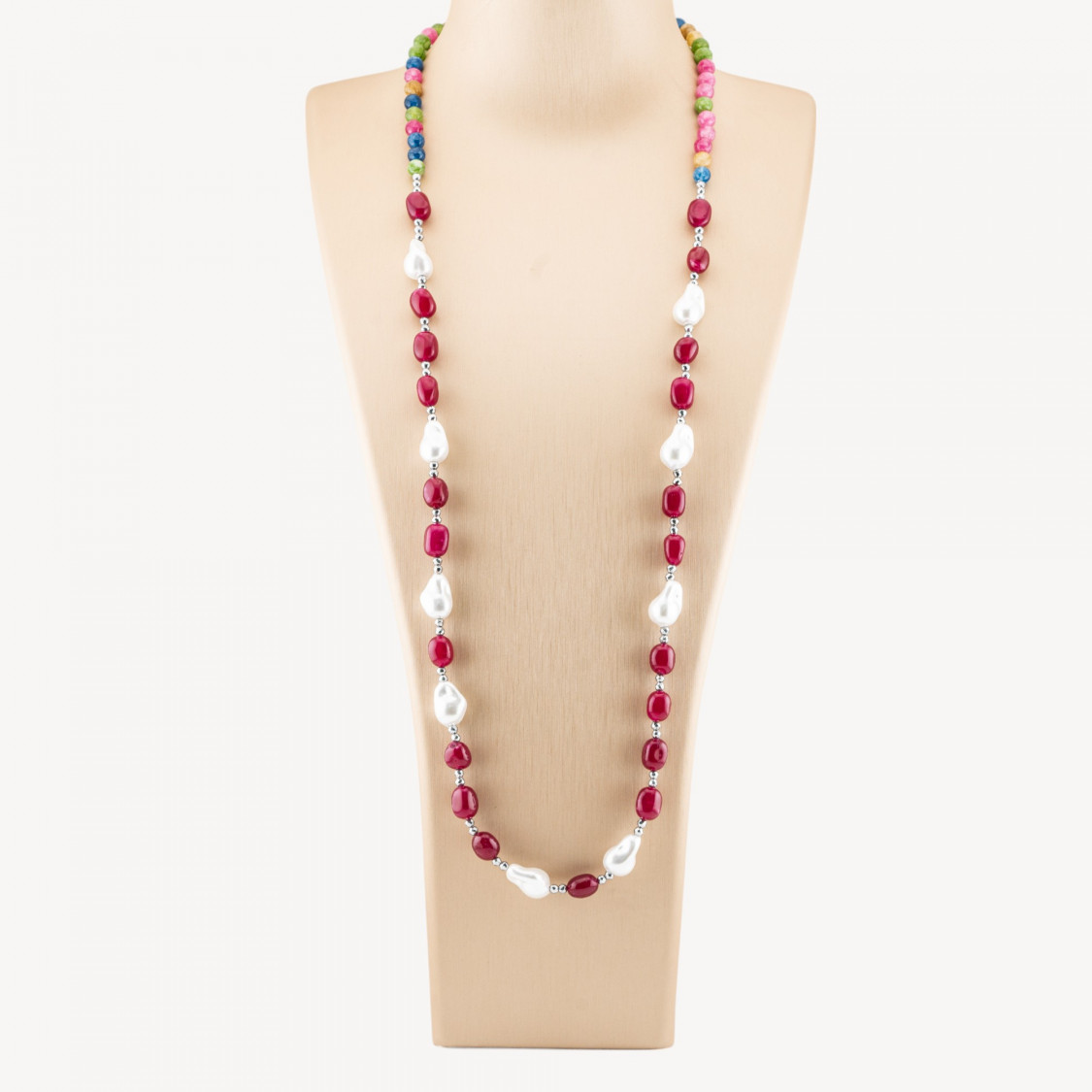 Collana Bijoux con Pietre Dure e Perle di Maiorca Barocche 80cm+5cm con Ematite Argentato e Giada Rossa Intensa-COLLANE DESIGN CON PIETRE NATURALI E PERLE | Worldofjewel.com
