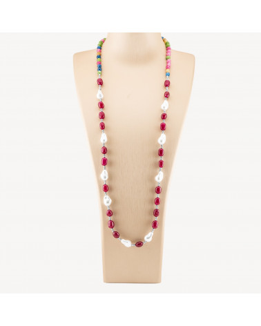 Collana Bijoux con Pietre Dure e Perle di Maiorca Barocche 80cm+5cm con Ematite Argentato e Giada Rossa Intensa-COLLANE DESIGN CON PIETRE NATURALI E PERLE | Worldofjewel.com