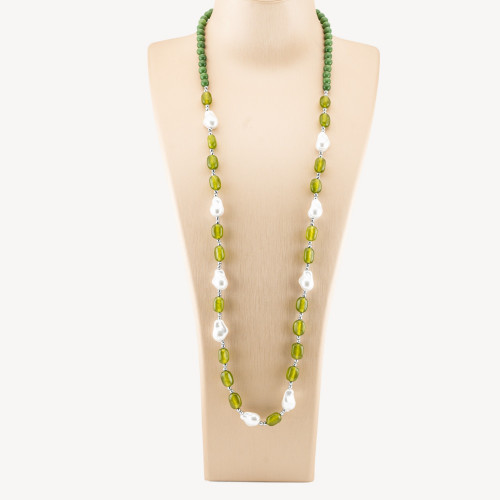 Jewelry Necklace with Semi-Precious Stones and Baroque Mallorca Pearls 80cm+5cm with Silver Hematite and Forest Green Jade
