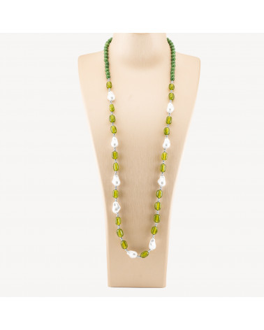 Collana Bijoux con Pietre Dure e Perle di Maiorca Barocche 80cm+5cm con Ematite Argentato e Giada Verde Foresta-COLLANE DESIGN CON PIETRE NATURALI E PERLE | Worldofjewel.com