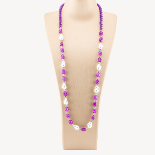 Collar de Joyas con Piedras Semipreciosas y Perlas Barrocas de Mallorca 80cm+5cm con Hematites Plateados y Jade Morado