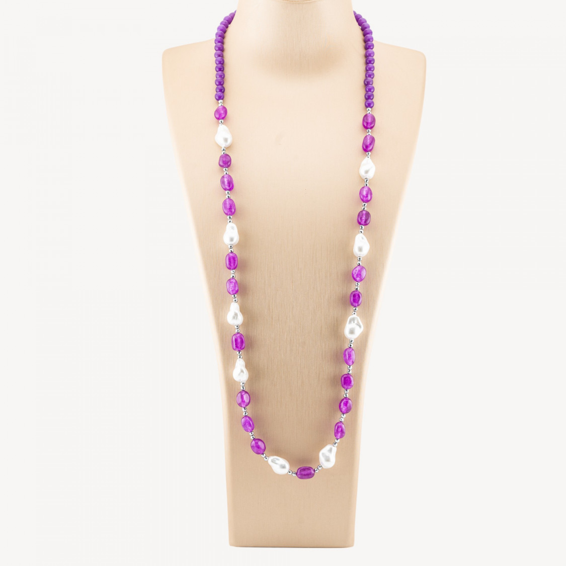 Collana Bijoux con Pietre Dure e Perle di Maiorca Barocche 80cm+5cm con Ematite Argentato e Giada Viola-COLLANE DESIGN CON PIETRE NATURALI E PERLE | Worldofjewel.com