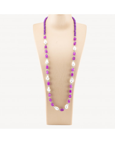 Collana Bijoux con Pietre Dure e Perle di Maiorca Barocche 80cm+5cm con Ematite Argentato e Giada Viola-COLLANE DESIGN CON PIETRE NATURALI E PERLE | Worldofjewel.com
