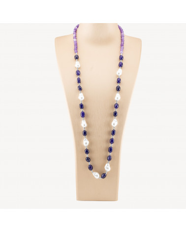 Collana Bijoux con Pietre Dure e Perle di Maiorca Barocche 80cm+5cm con Ematite Argentato e Giada Viola Scuro-COLLANE DESIGN CON PIETRE NATURALI E PERLE | Worldofjewel.com