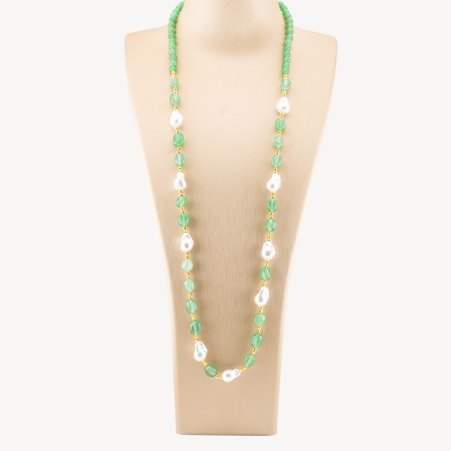 Collar de Joyas con Piedras Semipreciosas y Perlas Barrocas de Mallorca 80cm+5cm con Hematita Dorada y Jade Aventurina Verde