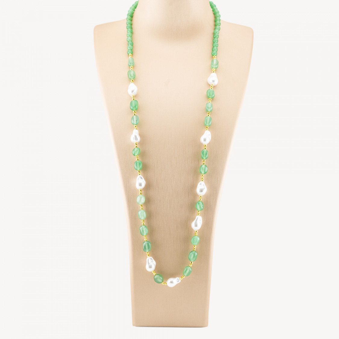 Collana Bijoux con Pietre Dure e Perle di Maiorca Barocche 80cm+5cm con Ematite Dorato e Giada Avventurina Verde-COLLANE DESIGN CON PIETRE NATURALI E PERLE | Worldofjewel.com