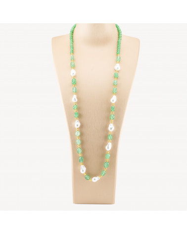 Collana Bijoux con Pietre Dure e Perle di Maiorca Barocche 80cm+5cm con Ematite Dorato e Giada Avventurina Verde-COLLANE DESIGN CON PIETRE NATURALI E PERLE | Worldofjewel.com