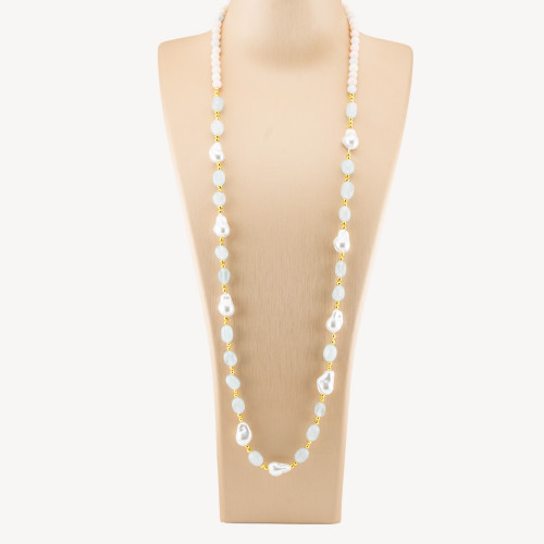 Collier de bijoux orné de pierres semi-précieuses et de perles baroques de Majorque (80 cm + 5 cm), agrémenté d'hématite dorée e