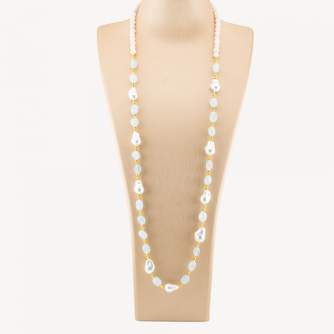 Collana Bijoux con Pietre Dure e Perle di Maiorca Barocche 80cm+5cm con Ematite Dorato e Giada Berillo Celeste-COLLANE DESIGN CON PIETRE NATURALI E PERLE | Worldofjewel.com