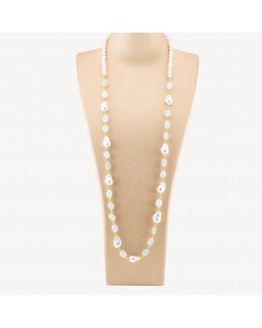 Collana Bijoux con Pietre Dure e Perle di Maiorca Barocche 80cm+5cm con Ematite Dorato e Giada Berillo Celeste-COLLANE DESIGN CON PIETRE NATURALI E PERLE | Worldofjewel.com