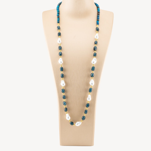 Collar de Joyería con Piedras Semipreciosas y Perlas Barrocas de Mallorca 80cm+5cm con Hematita Dorada y Jade Azul Petróleo