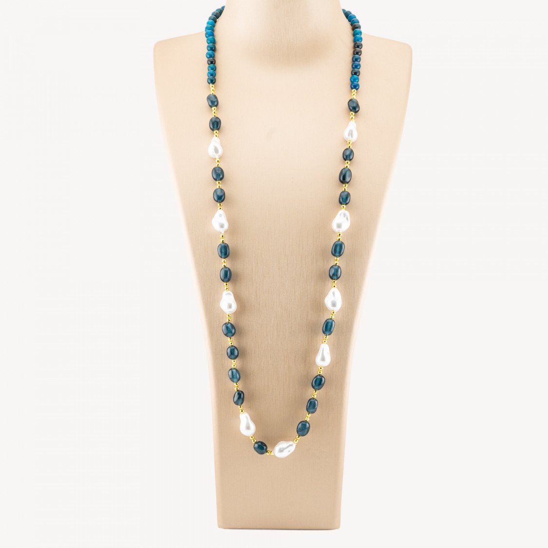 Collana Bijoux con Pietre Dure e Perle di Maiorca Barocche 80cm+5cm con Ematite Dorato e Giada Blu Petrolio-COLLANE DESIGN CON PIETRE NATURALI E PERLE | Worldofjewel.com