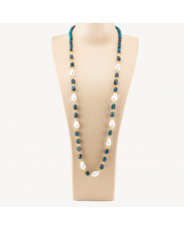 Collana Bijoux con Pietre Dure e Perle di Maiorca Barocche 80cm+5cm con Ematite Dorato e Giada Blu Petrolio-COLLANE DESIGN CON PIETRE NATURALI E PERLE | Worldofjewel.com