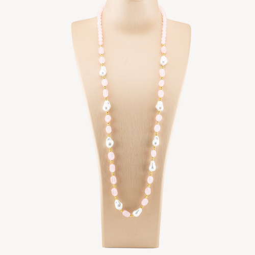 Collier de bijoux orné de pierres semi-précieuses et de perles baroques de Majorque (80 cm + 5 cm), hématite dorée et jade rose.