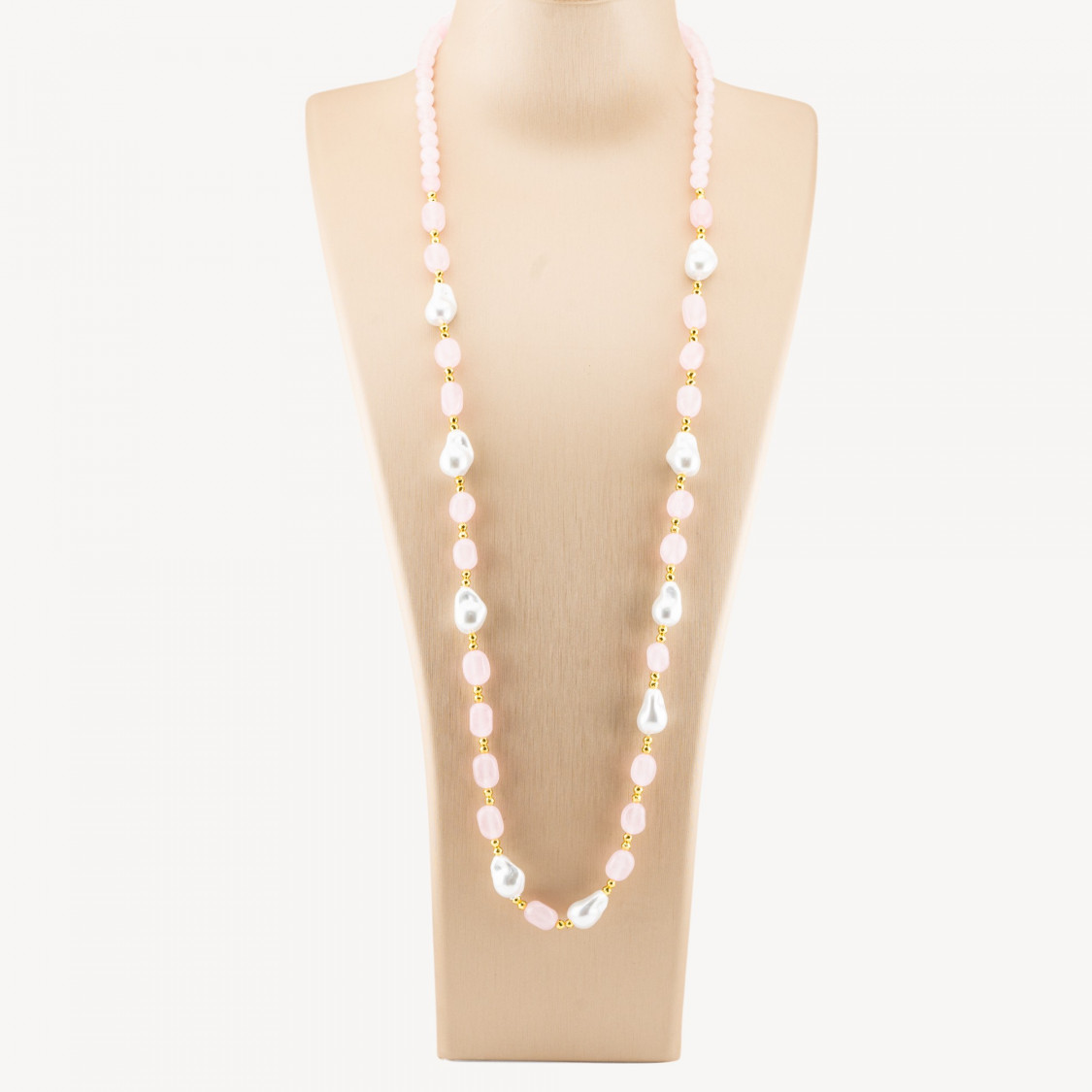 Collana Bijoux con Pietre Dure e Perle di Maiorca Barocche 80cm+5cm con Ematite Dorato e Giada Rosa-COLLANE DESIGN CON PIETRE NATURALI E PERLE | Worldofjewel.com