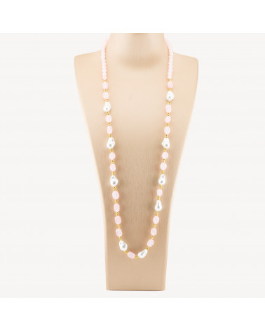 Collana Bijoux con Pietre Dure e Perle di Maiorca Barocche 80cm+5cm con Ematite Dorato e Giada Rosa-COLLANE DESIGN CON PIETRE NATURALI E PERLE | Worldofjewel.com