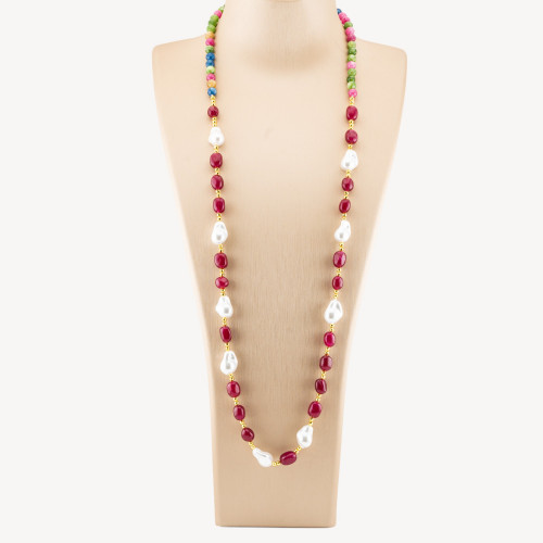 Collar de Joyería con Piedras Semipreciosas y Perlas Barrocas de Mallorca 80cm+5cm con Hematita Dorada y Jade Rojo