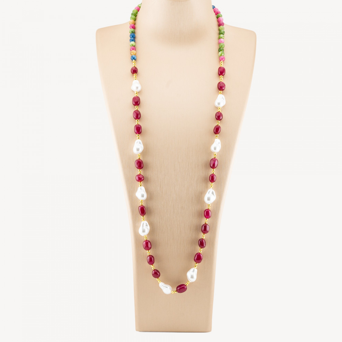 Collana Bijoux con Pietre Dure e Perle di Maiorca Barocche 80cm+5cm con Ematite Dorato e Giada Rossa-COLLANE DESIGN CON PIETRE NATURALI E PERLE | Worldofjewel.com