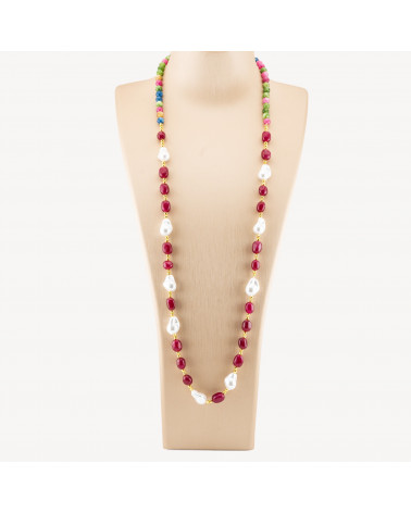 Collana Bijoux con Pietre Dure e Perle di Maiorca Barocche 80cm+5cm con Ematite Dorato e Giada Rossa-COLLANE DESIGN CON PIETRE NATURALI E PERLE | Worldofjewel.com