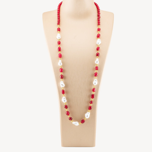 Schmuckkette mit Halbedelsteinen und barocken mallorquinischen Perlen, 80 cm + 5 cm, mit goldenem Hämatit und Rubinjade