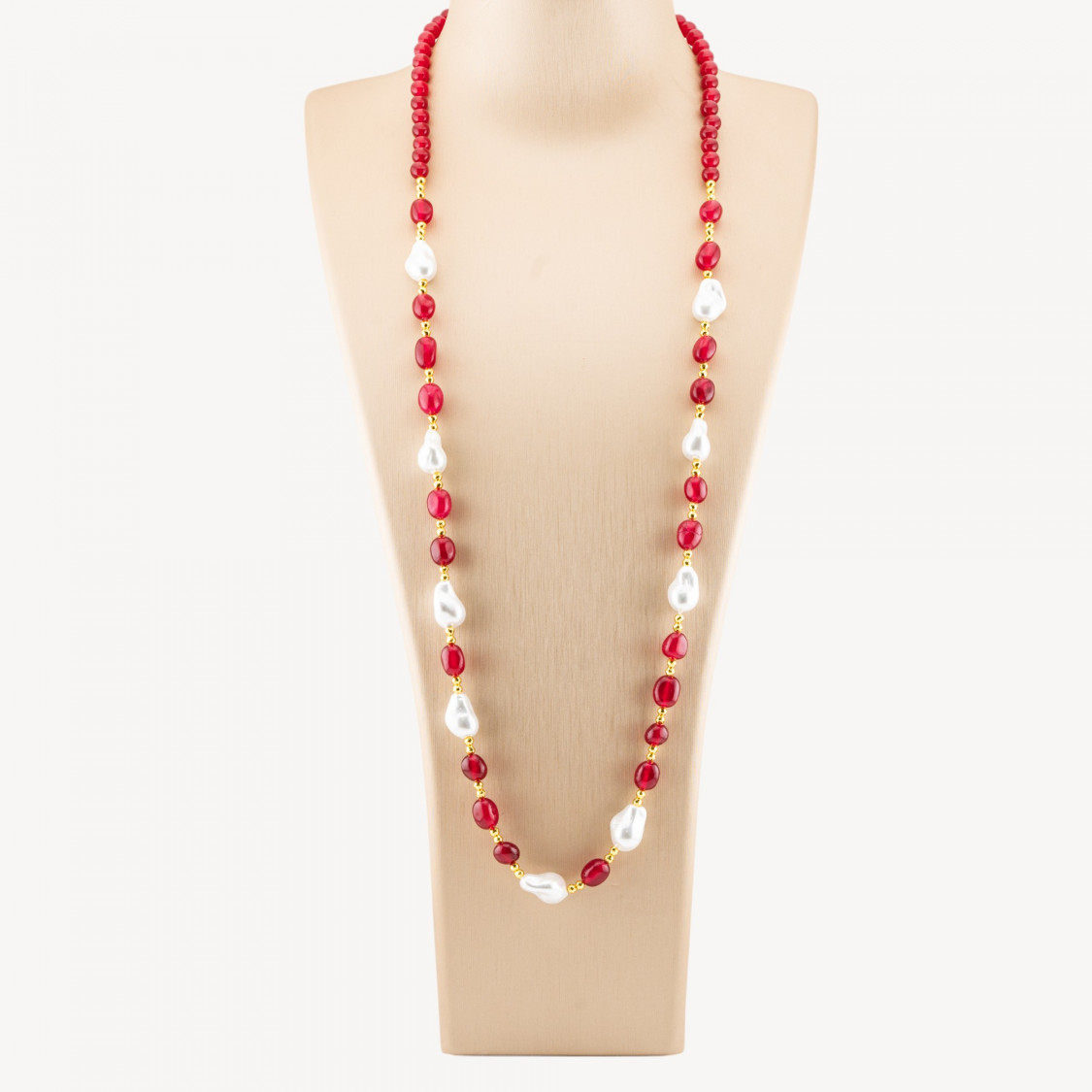 Collana Bijoux con Pietre Dure e Perle di Maiorca Barocche 80cm+5cm con Ematite Dorato e Giada Ruby-COLLANE DESIGN CON PIETRE NATURALI E PERLE | Worldofjewel.com