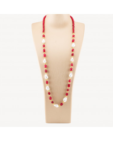 Collana Bijoux con Pietre Dure e Perle di Maiorca Barocche 80cm+5cm con Ematite Dorato e Giada Ruby-COLLANE DESIGN CON PIETRE NATURALI E PERLE | Worldofjewel.com