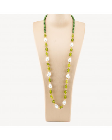 Collana Bijoux con Pietre Dure e Perle di Maiorca Barocche 80cm+5cm con Ematite Dorato e Giada Verde Peridot-COLLANE DESIGN CON PIETRE NATURALI E PERLE | Worldofjewel.com