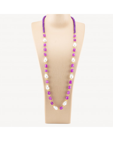 Collana Bijoux con Pietre Dure e Perle di Maiorca Barocche 80cm+5cm con Ematite Dorato e Giada Viola-COLLANE DESIGN CON PIETRE NATURALI E PERLE | Worldofjewel.com