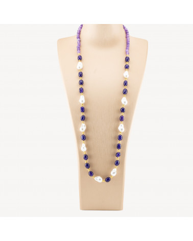 Collana Bijoux con Pietre Dure e Perle di Maiorca Barocche 80cm+5cm con Ematite Dorato e Giada Viola Scuro-COLLANE DESIGN CON PIETRE NATURALI E PERLE | Worldofjewel.com