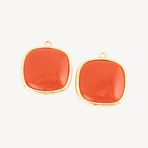 Conector de latón con forma de ojo de gato cuadrado de 22 mm con 1 anillo de salto y 6 piezas de pasta de coral