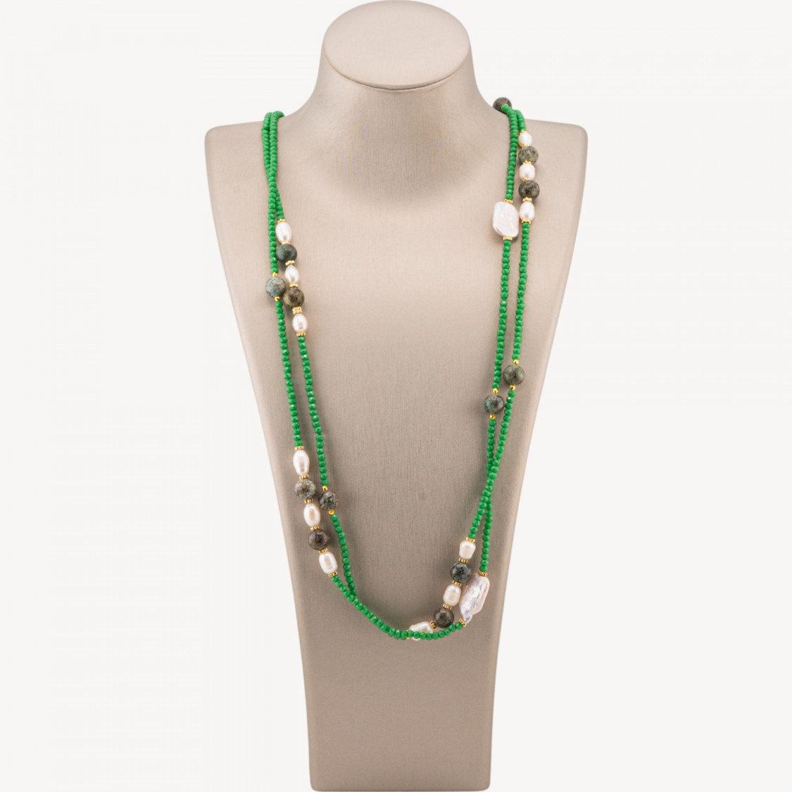 Collana Bijoux Charlestone Di Cristalli CZ Con Pietre Dure E Perle Di Fiume Con Ematite 160cm MOD70 Verde Smeraldo-DESIGN ITALY | Worldofjewel.com