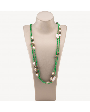 Collana Bijoux Charlestone Di Cristalli CZ Con Pietre Dure E Perle Di Fiume Con Ematite 160cm MOD70 Verde Smeraldo-DESIGN ITALY | Worldofjewel.com