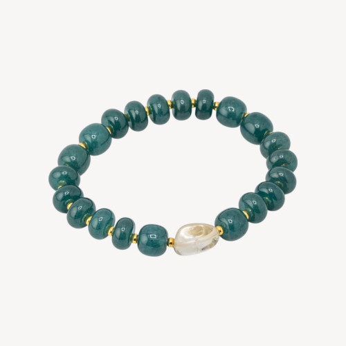 Pulsera elástica con piedras redondas de 10 mm y piedra pulida con hematita MOD2722 Jade verde azulado