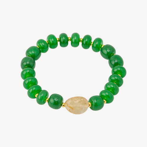 Elastic Bracelet with 10mm Rondelle Stones and Tumbled Stone with Hematite MOD2722 Green Jade