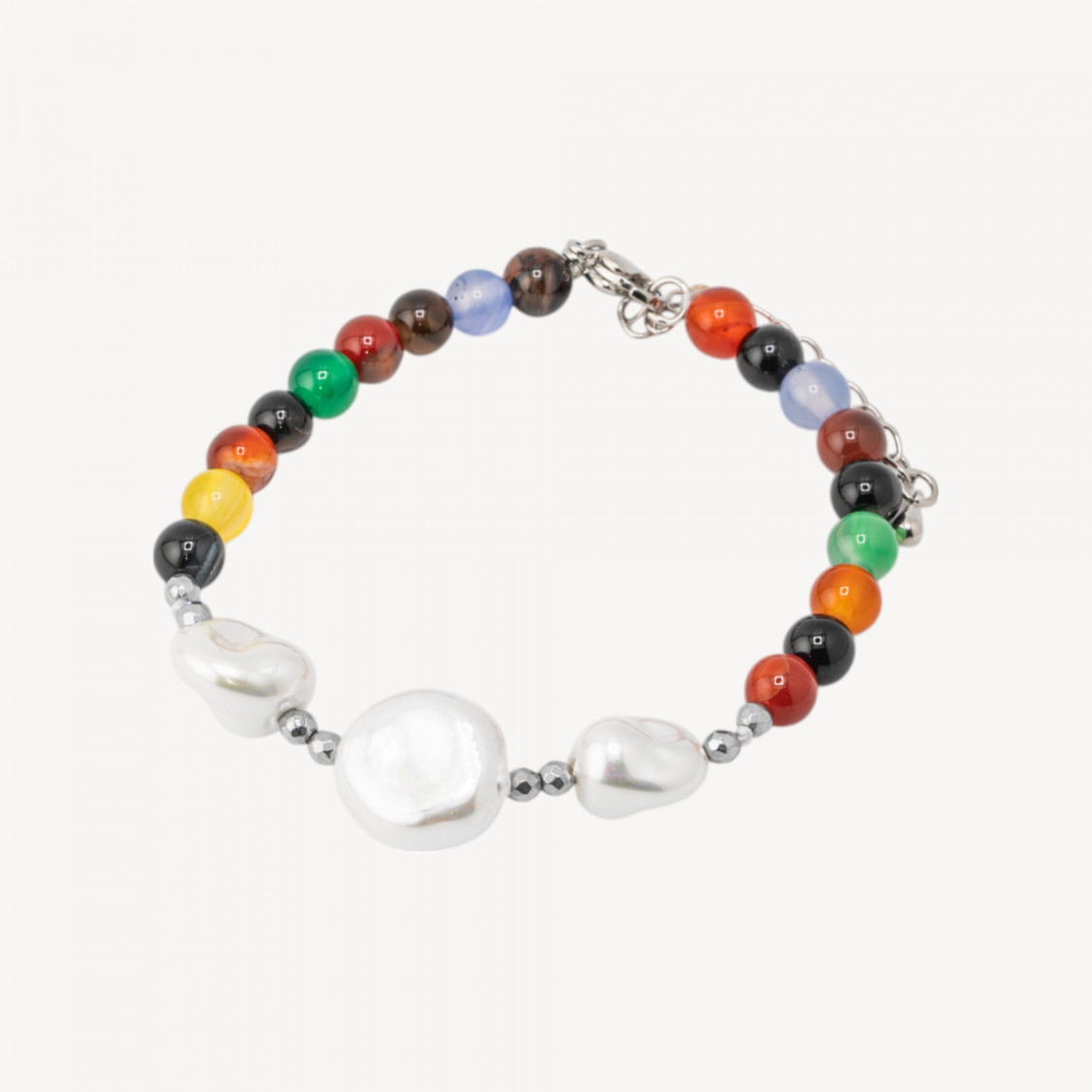 Bracciale con Pietre Dure e Tre Perle di Maiorca 18,5cm + 5cm con Ematite Argentata e Agata-PIERRES DURES | Worldofjewel.com