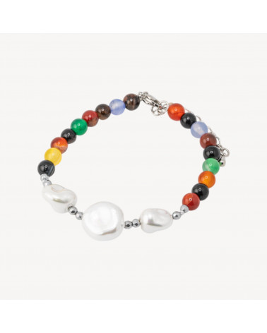 Bracciale con Pietre Dure e Tre Perle di Maiorca 18,5cm + 5cm con Ematite Argentata e Agata-PIERRES DURES | Worldofjewel.com