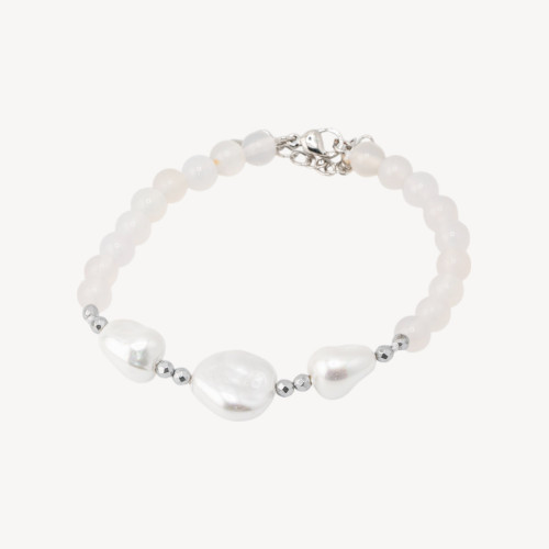 Pulsera con Piedras Semipreciosas y Tres Perlas Mallorquinas 18,5cm + 5cm con Hematites Plateados y Ágata Blanca
